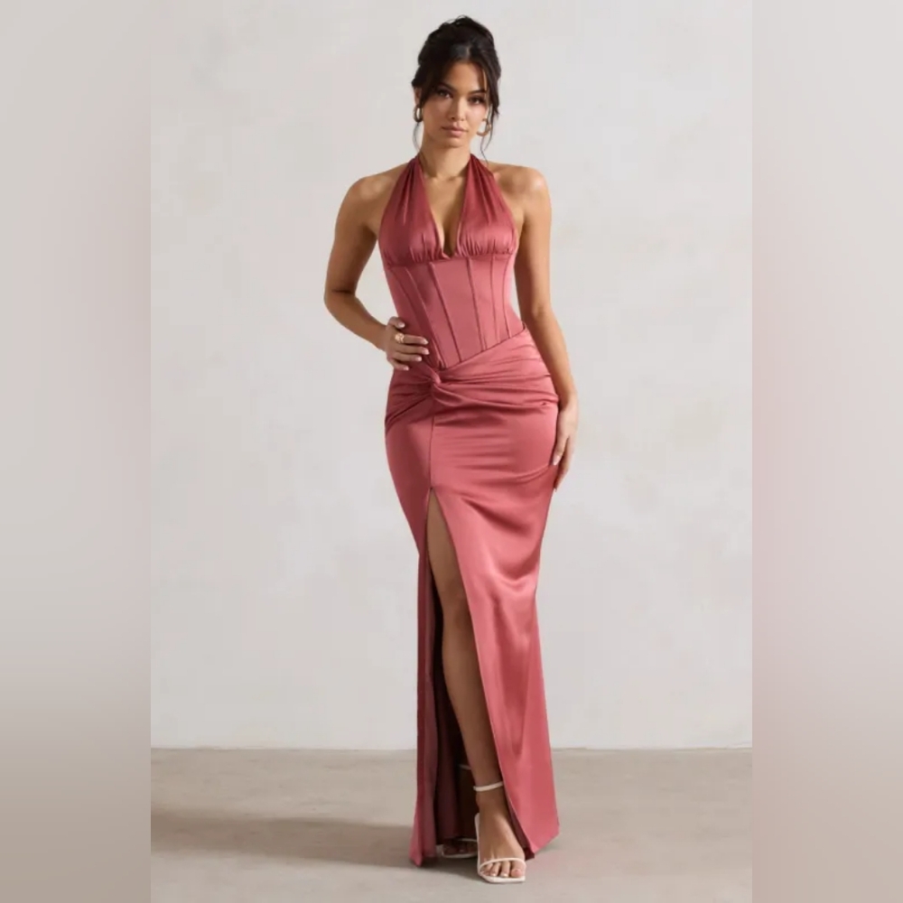 Club L London New With Tags Sacha Rose Pink Satin Corset Maxi Dress, Size 2, XS